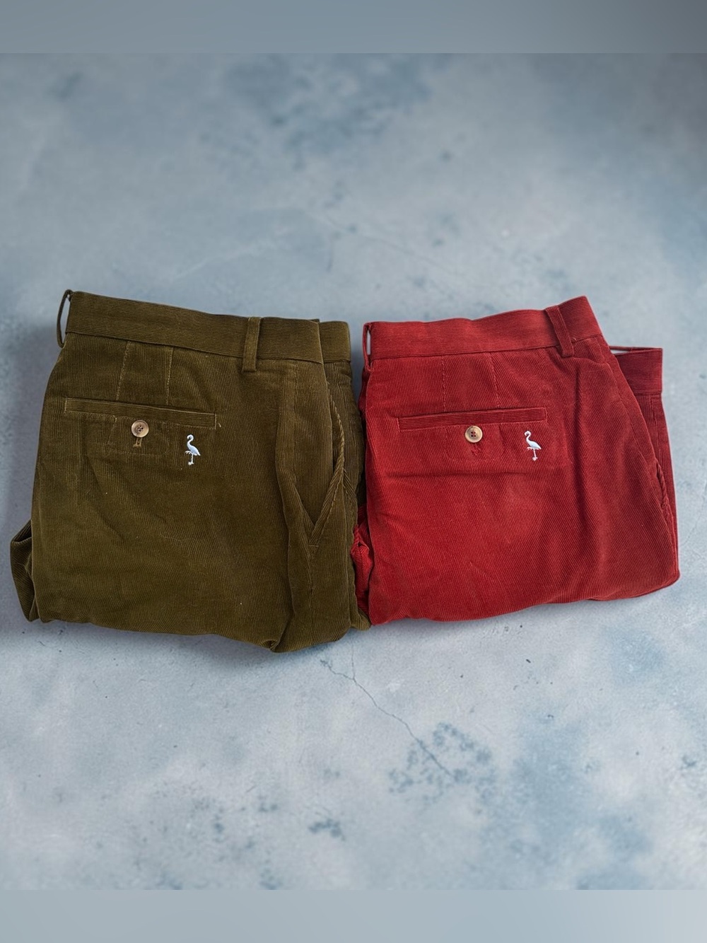 Tailor Byrd Set of 2 Corduroy Pants with Flamingo Embroidery in Olive & Burgundy